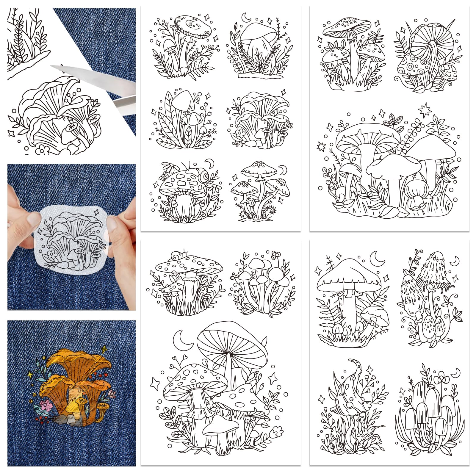 GLOBLELAND 4 Sheets 16Pcs Fantasy Mushroom Water Soluble Hand Sewing Stabilizers for Fabric Embroidery Stitch Practice Eembroidery Patterns Transfers for Embroidery Beginners Lovers