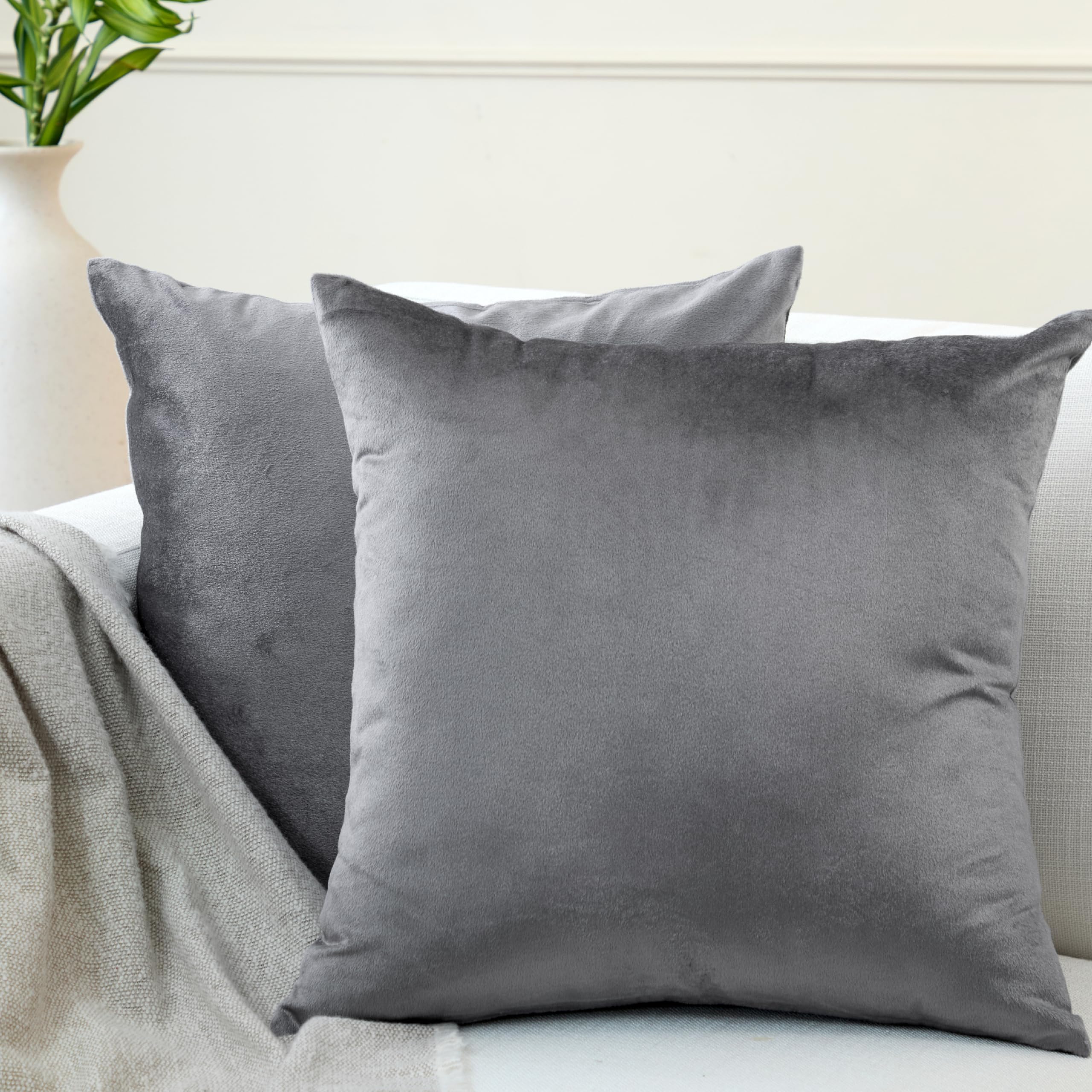 Encasa XO Velvet Cushion Covers (40x40 cm) Set of 02 | Grey | Luxurious Square Velvet Throw Pillow Covers With Invisible Zippers | Living Room, Sofa, Chair