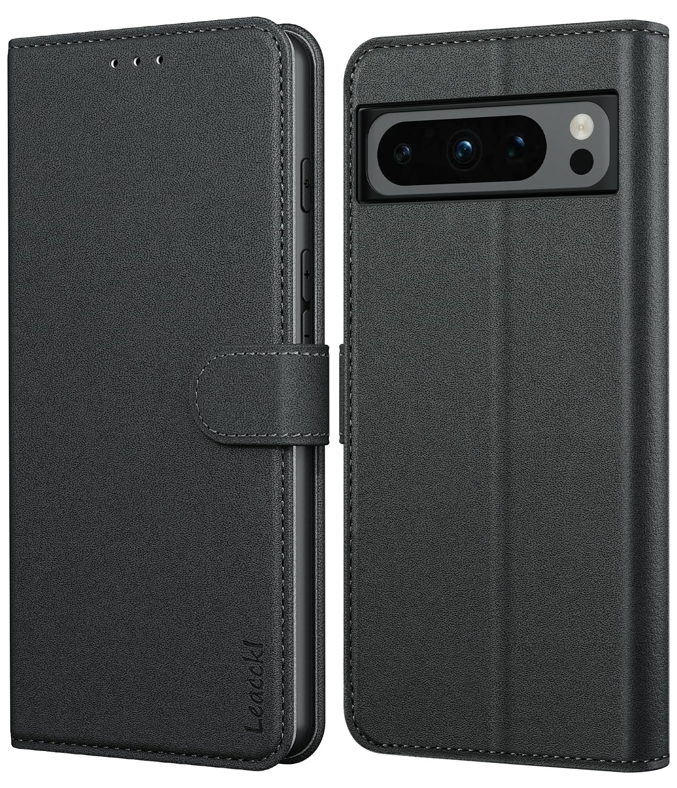 Leacckl for Google Pixel 8 Pro Case, Leather Wallet Case, Flip Case with Card Holder and Magnetic Buckle, Black