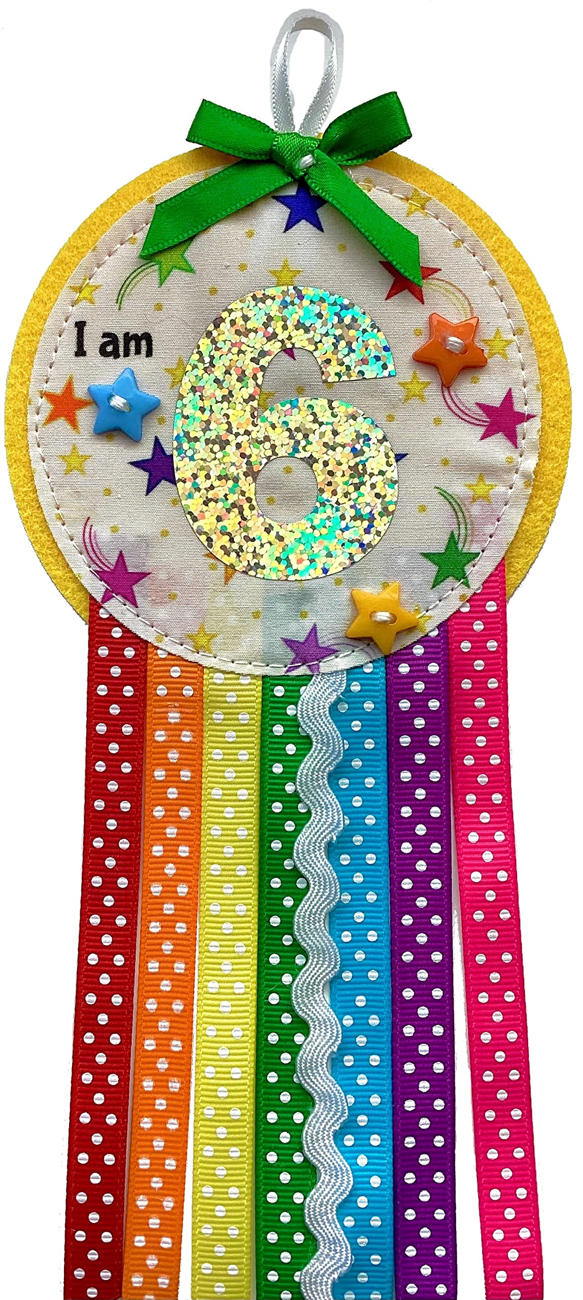 Ditsy Rosettes Rainbow Birthday Rosette Badge - Age 3, 4, 5, 6, 7, 8, 9 - Perfect Party Gift card – Birthday Boy, Birthday Girl (STARS - Age 6)