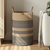 Nunsino 75L Striped Laundry Hamper with Leather Handles,Large Foldable Laundry Basket for Clothes,Cotton Rope Storage Bin for Blankets,Woven Clothes Basket for Bedroom,Dark Brown Stripes