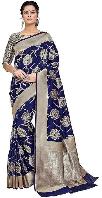 KEDARFAB Womens Banarasi Art Silk Saree With Blouse Piece (BLUE SHANKU SAREE_Navy Blue)