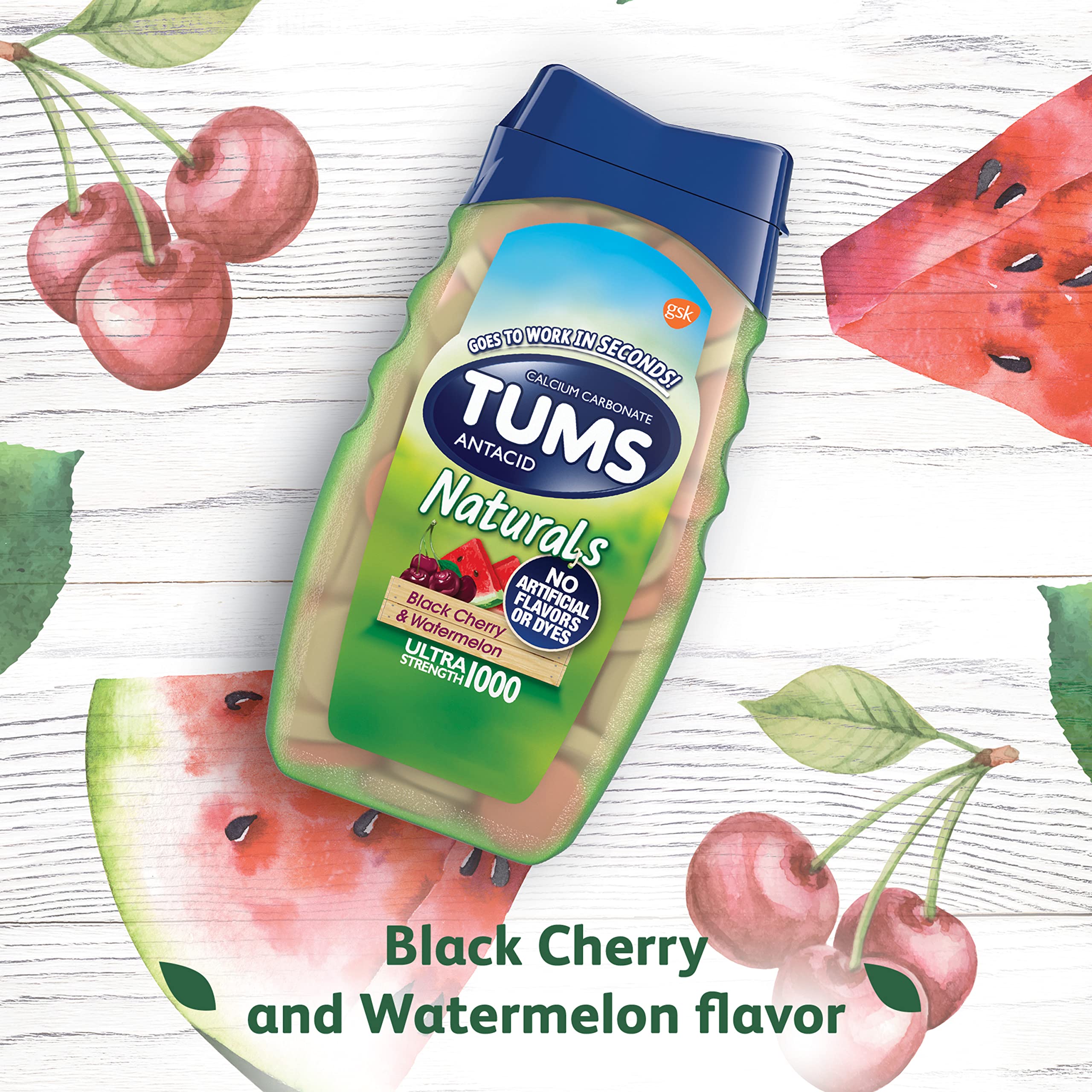 TUMS Naturals Ultra Strength Antacid Chews for Heartburn Relief, Great for a Summer BBQ - Black Cherry & Watermelon - 190 Count