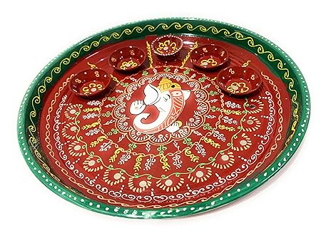 GENERIC Stainless Steel Diwali Pooja Thali Set with 5 Metal Diya and Decoration (11 inch, Multicolour) - Handmade Diwali Thali