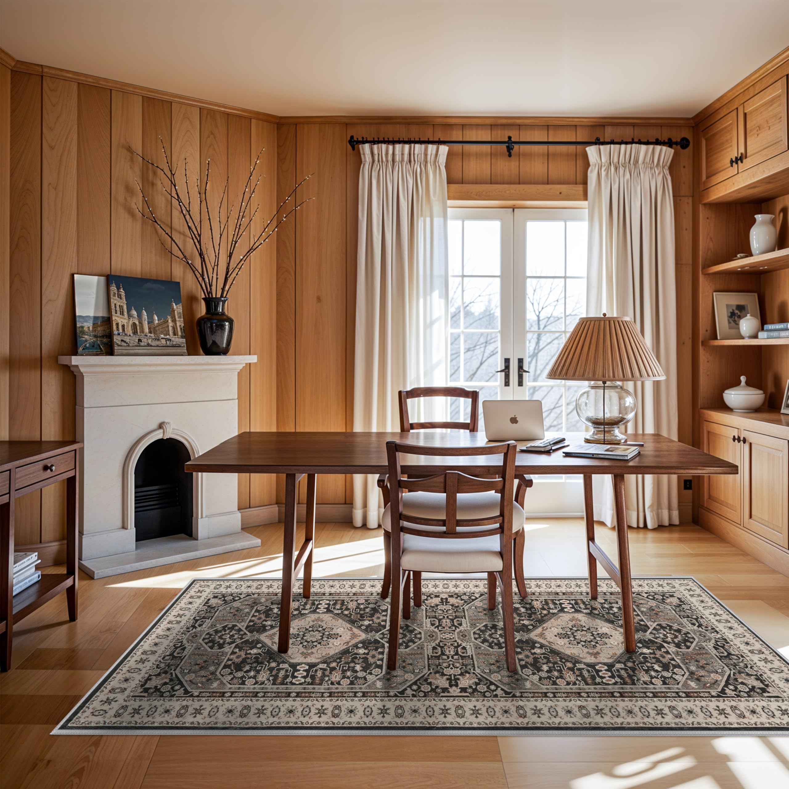 RUUGME Washable 4x8 Runner Rug - Wide Vintage Kitchen Rugs with Non Slip Backing Low Pile Stain Resistant Carpet for Hallway Office Bedroom Ultra-Thin Home Decor Mat for Bathroom Laundry 4x8 Black Image