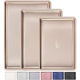 HONGBAKE Baking Sheet Pan Set of 3, Cookie Sheets for Oven, Nonstick Half/Quarter/Jelly Roll Pans with Diamond Texture Pattern, 0.8mm Thick Heavy Duty Cookie Tray, Champagne Gold