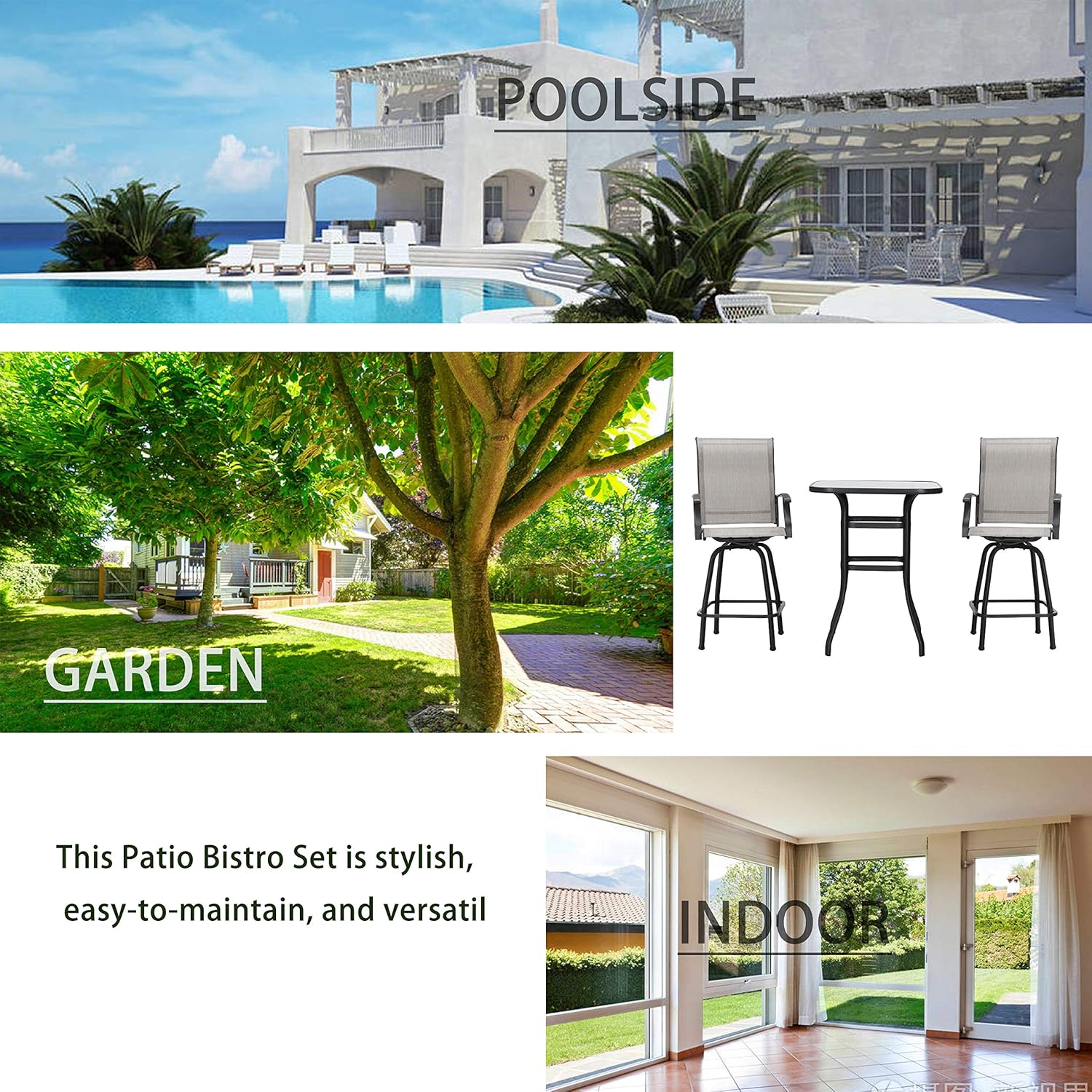 LOKATSE HOME 3 Pcs Bar Stools Set 2 High Swivel Chairs and 1 Height Outdoor Bistro Table, Patio Furniture, Grey Tesling Fabric: Garden & Outdoor