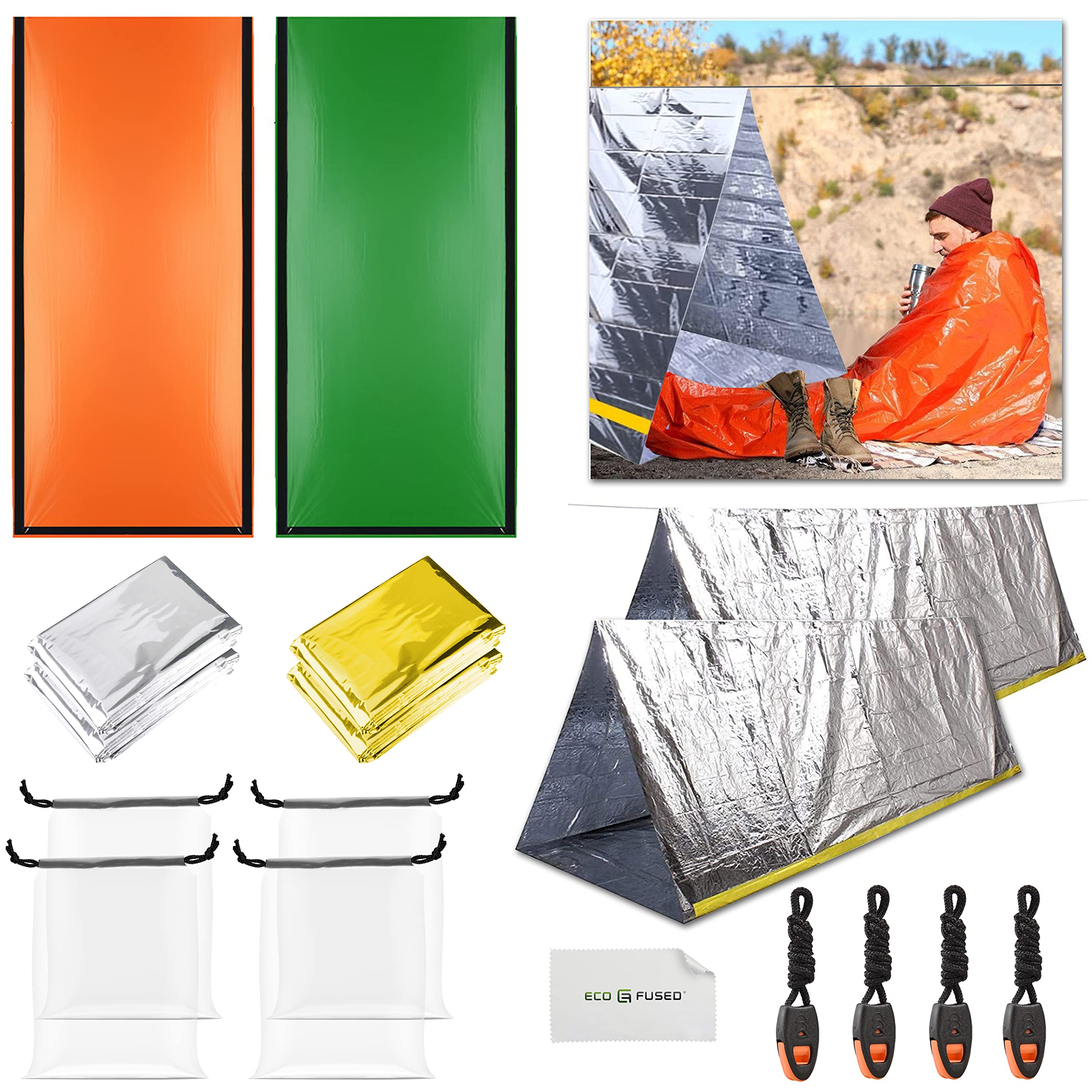 ECO-FUSED Emergency Sleeping Bags, Blankets, Tents, and Survival Whistles - Weather Resistant Thermal Outdoor Survival Supplies Essentials - Suitable for All Ages