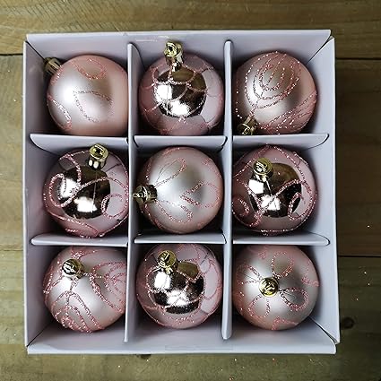 Pack De 9 5cm Or Rose Boules De Sapin De Noël Glitter Swirl Design Décorations De Noël