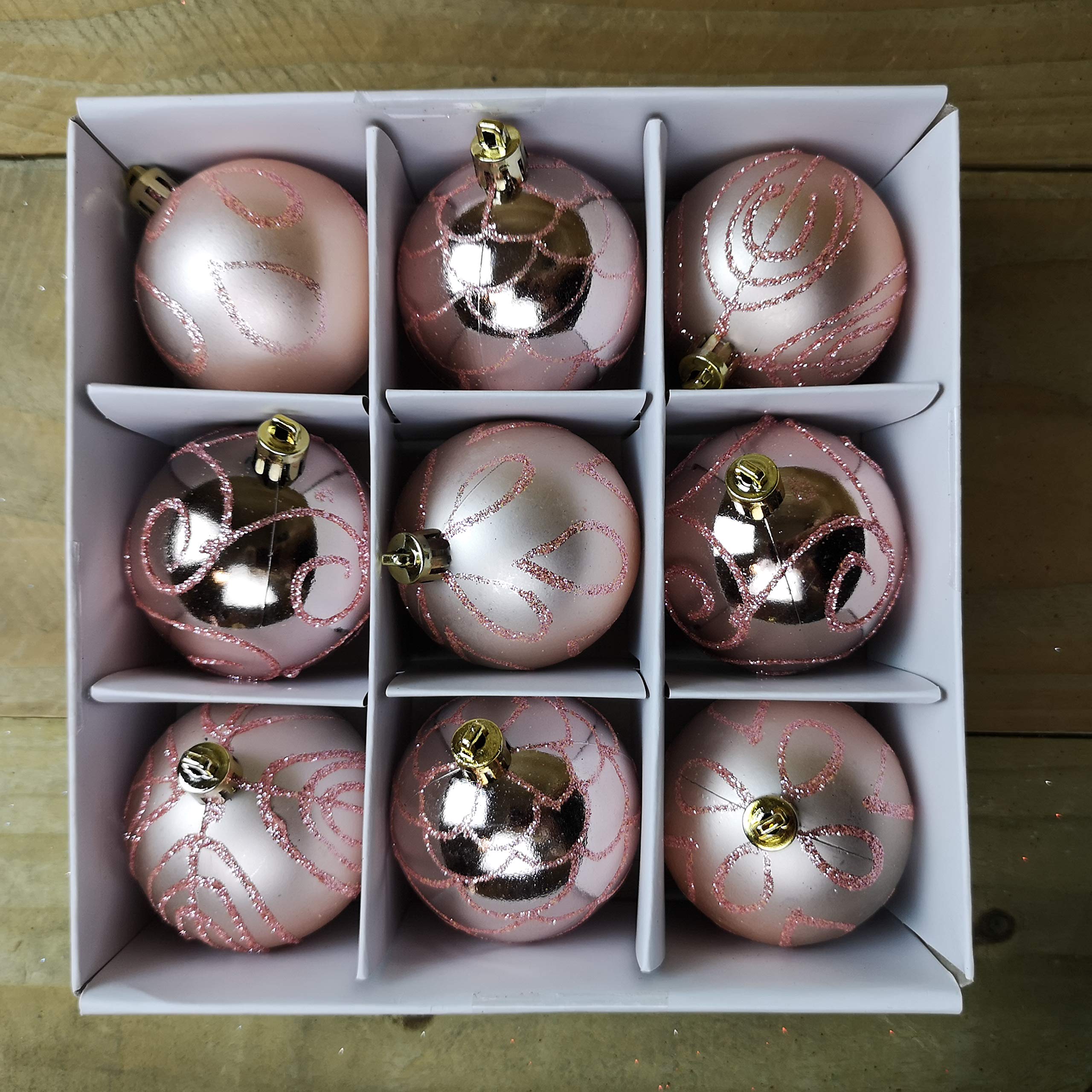 Pack Of 9 - 5cm Rose Gold Christmas Tree Baubles - Glitter Swirl Design - Christmas Decorations