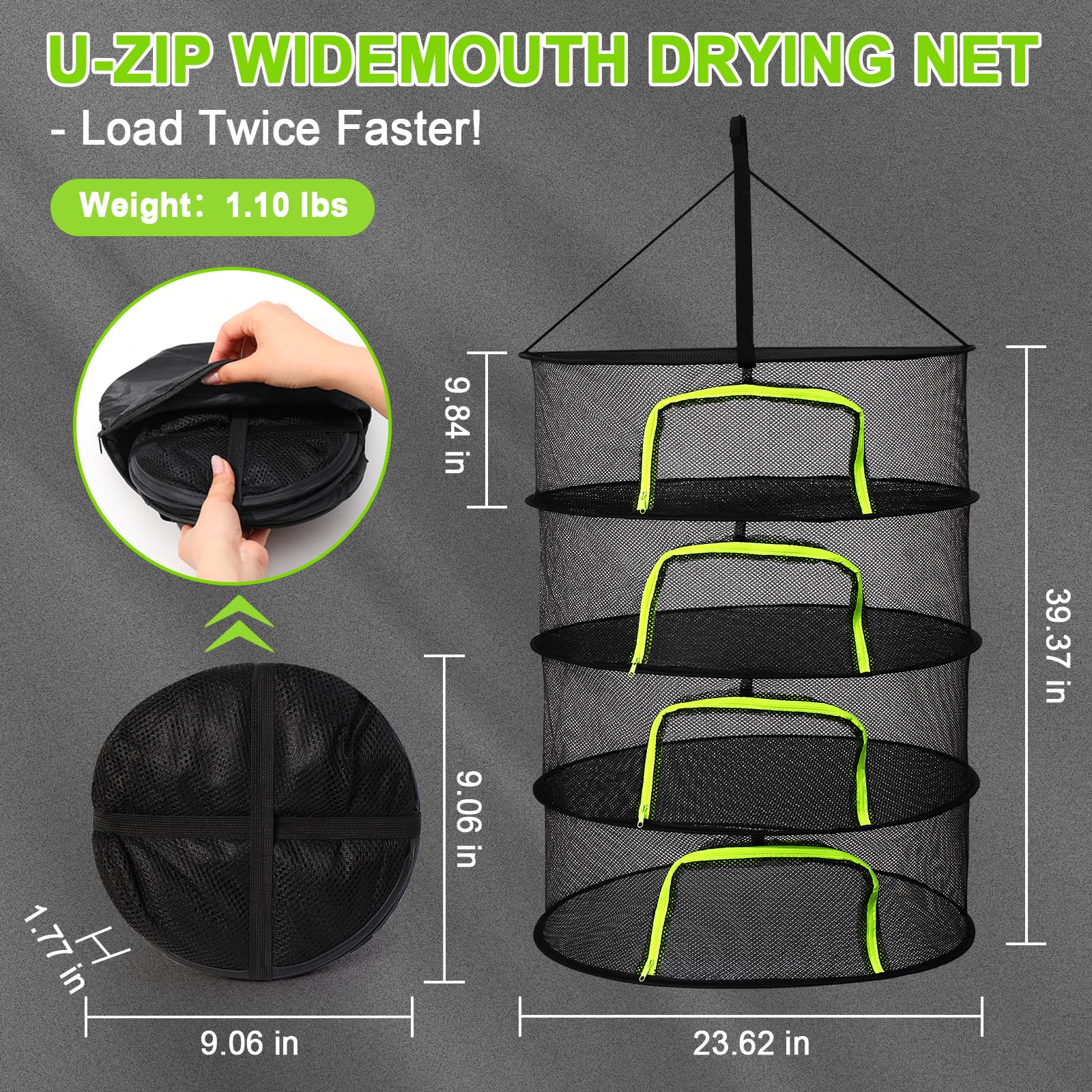 LUKETURE 4-Layer Hanging Herb Dryer Rack - with U-Zipper Mesh Net & Hook, Foldable Collapsible Drying Rack for Plants, Herbs, Flowers, Fish, Jerky, Laundry