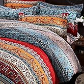 FADFAY Boho Duvet Cover Set 100% Brushed Cotton Colorful Stripe Exotic Style Bohemian Bedding Set Soft and Warm Winter Bedding with Hidden Zipper Closure, 3 Pcs, Queen