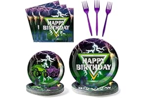 G1ngtar 96Pcs Monster Truck Happy Birthday Green Purple Party Plates Supplies - Party Tableware Decorations Disposable Paper Plates Napkins Forks for Birthday Baby Shower, Serves 24