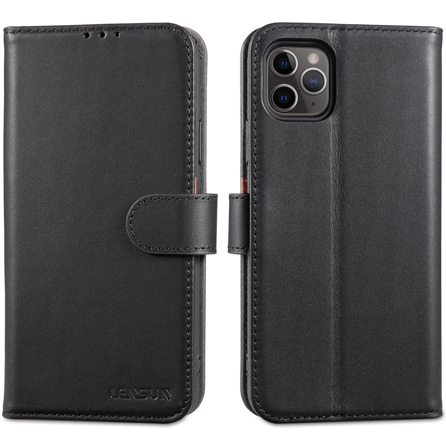 LENSUN Case for iPhone 11 Pro Max, Genuine Leather Wallet Flip Phone Cover [RFID Blocking] with Card Holder and Magnetic Closure for Apple iPhone 11 Pro Max - Black