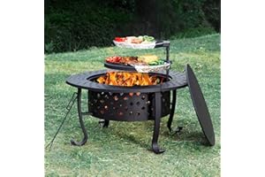 PaPaJet 36 Inch Fire Pit with 2 Grill, Outdoor Wood Burning Firepit with Lid, Metal Round Table for Backyard Patio Garden Picnic Camping Bonfire