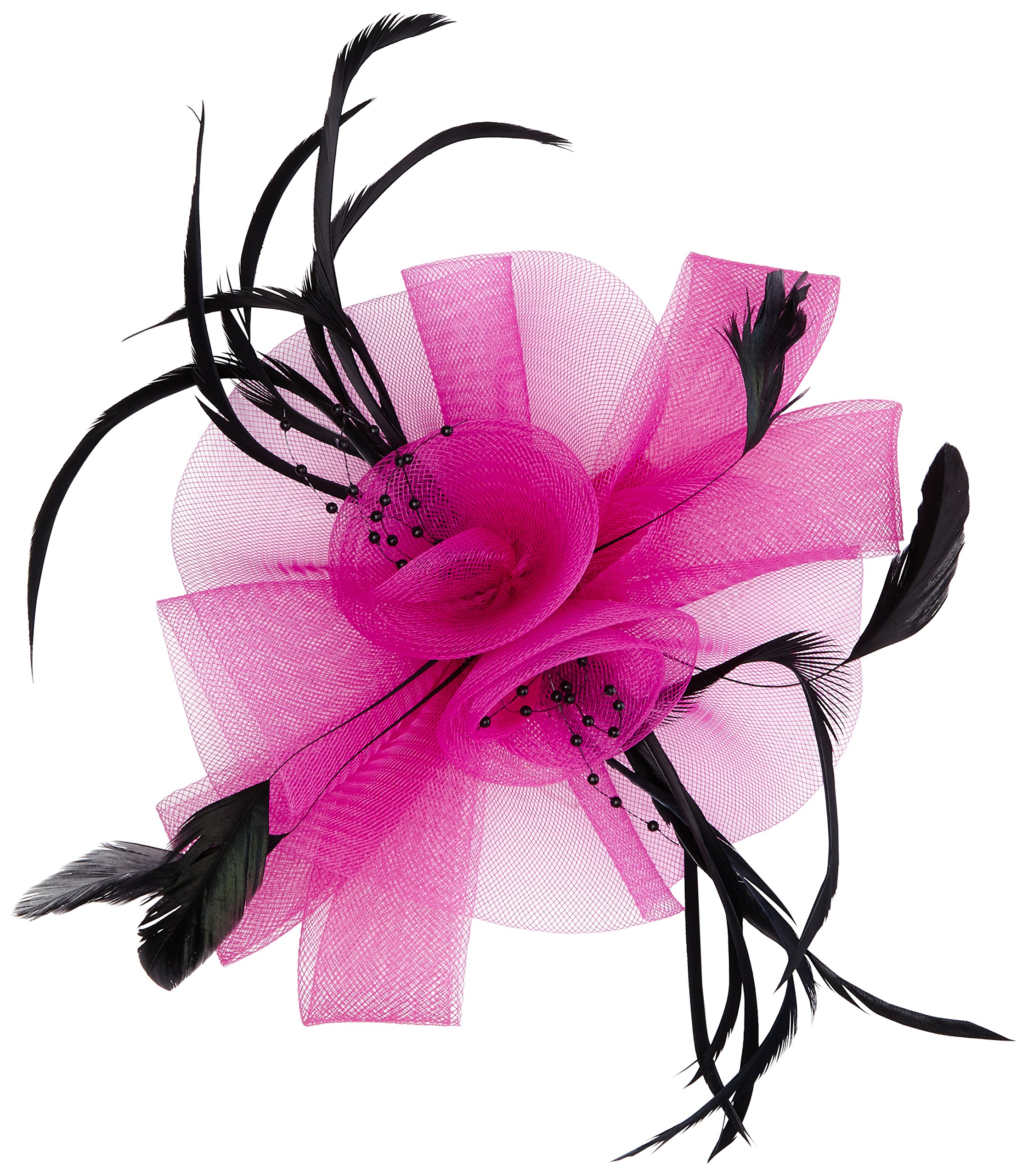 Fuchsia Hot Pink Butterfly Black Feather Wedding Ascot Fascinator on Comb Hat Hair Accessories, One size