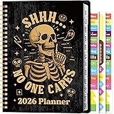Xqumoi 2026 A5 Planner - Funny Skull Skeleton 2026 Weekly and Monthly Planner No One Cares Gothic Writing Notebooks, Jan. 2026 - Dec. 2026, Hardcover Calendar with Tabs Stickers Back Pocket