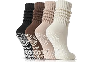 Sandsuced Pilates Slouch Socks with Grips Non Slip Yoga Socks Winter Warm Cozy Scrunch Boot Crew Slipper 4 Pairs for Women
