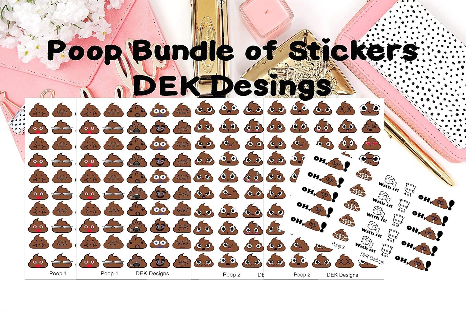 Poop emoji stickers, 225 total stickers kiss cut on gloss sticker paper. Great for