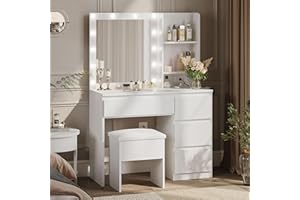 Decofy Vanity Desk with Mirror and 12 LED Lights, Makeup Vanity Table with USB & Power Outlets, 4 Drawers and Hairdryer Holder, Padded Stool with Storage, White
