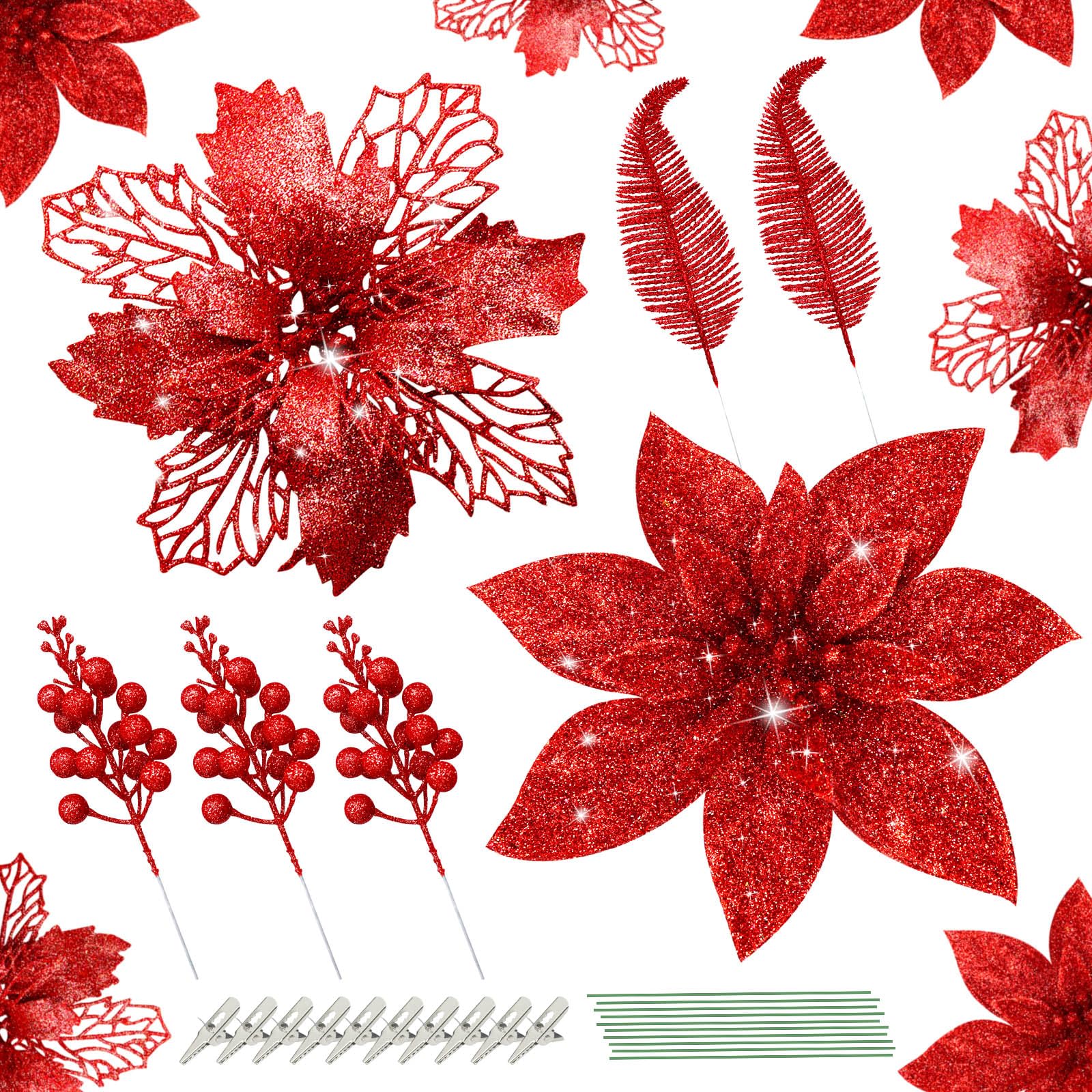 Yueshop 62 PCS Glitter Artificial Poinsettia Set, Xmas Flowers Christmas Tree Decoration Stems Clips, Glitter Artificial Leaves Berry Stems for Wedding Party Wreath Garland Xmas Tree Decoration (Red)