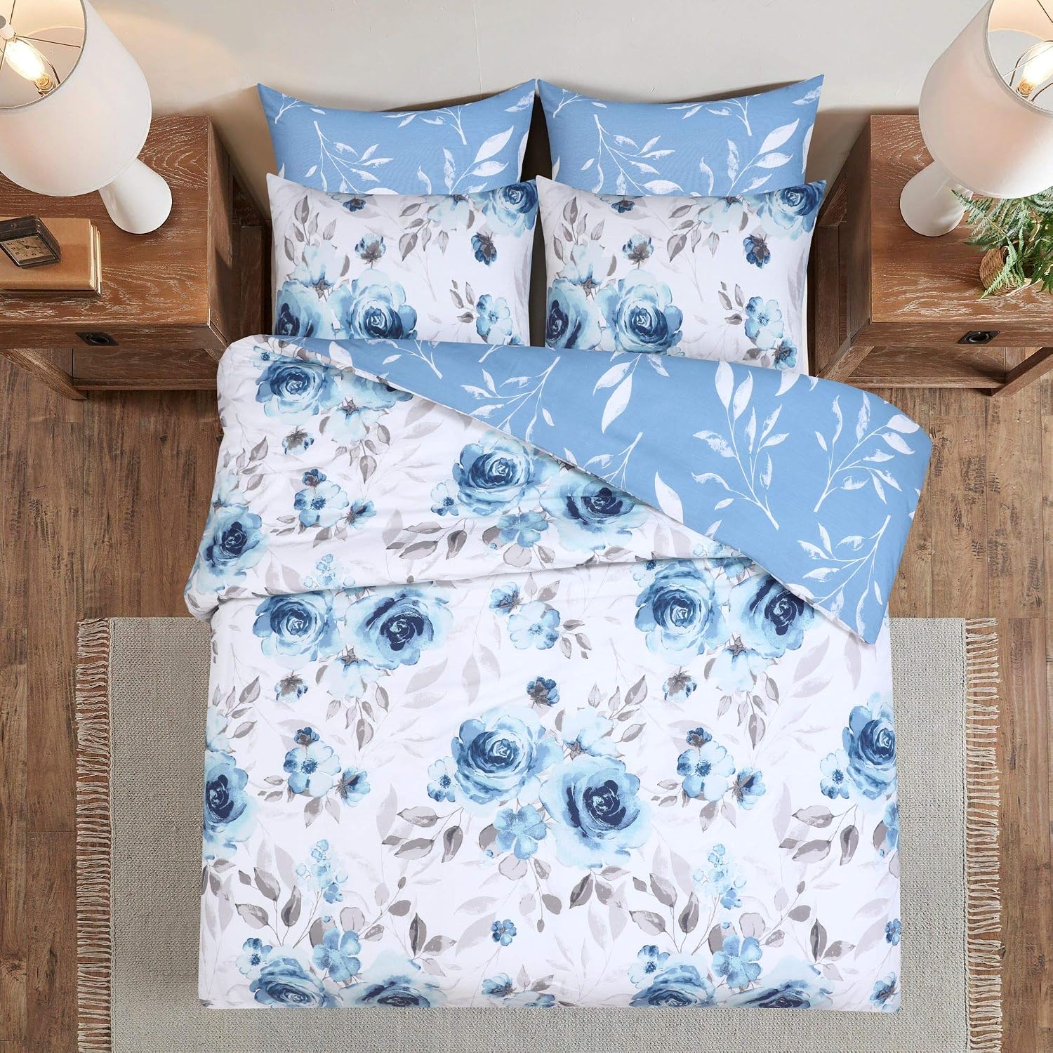DTEX HOMES King Size Duvet Cover Sets 100% Pure Cotton Reversible Printed Hotel Quality Duvet Cover Ultra Soft Easy Care bedding sets king size Super Soft and Luxury Duvet Cover Sets (Roses Blue) - Image 3