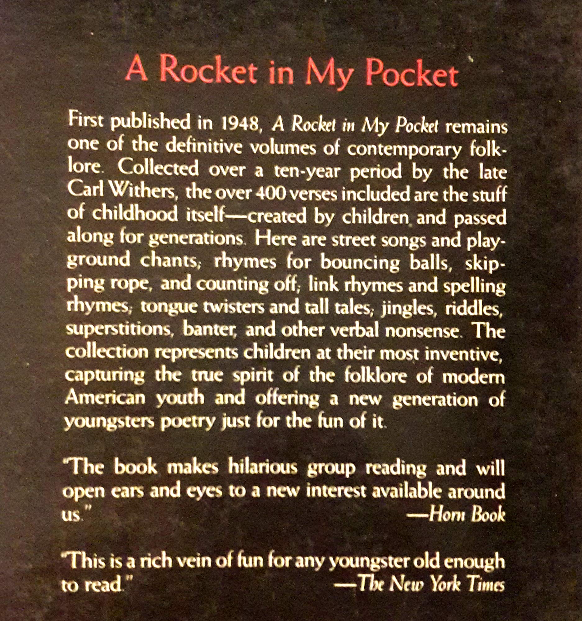 A Rocket In My Pocket The Rhymes And Chants Of Young Americans An Owlet Book Withers Carl Suba Susanne Amazon Com Books