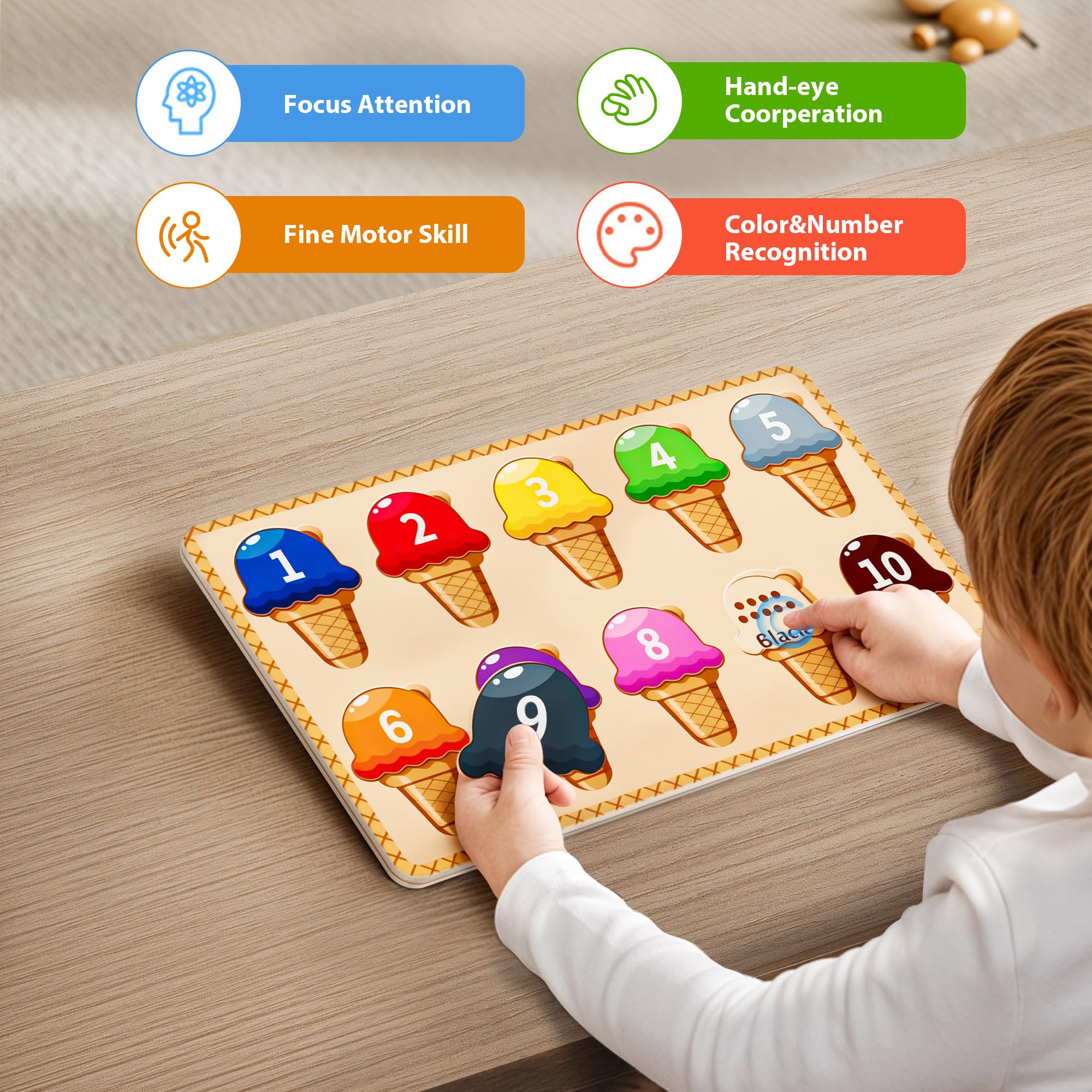 Wooden Puzzles for Toddlers,Montessori Toys,Preschool Learning Activities,Peg Puzzle with Ice Cream Shape and Color Number Matching Educational Toys