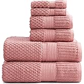 NY Loft 100% Cotton Towel Set 6 Piece | Super Soft & Absorbent Quick-Dry 2 Bath Towels 2 Hand Towels & 2 Washcloths | Textured and Durable Cotton | Premium Thick Towels | (6 Piece Set, Rose)