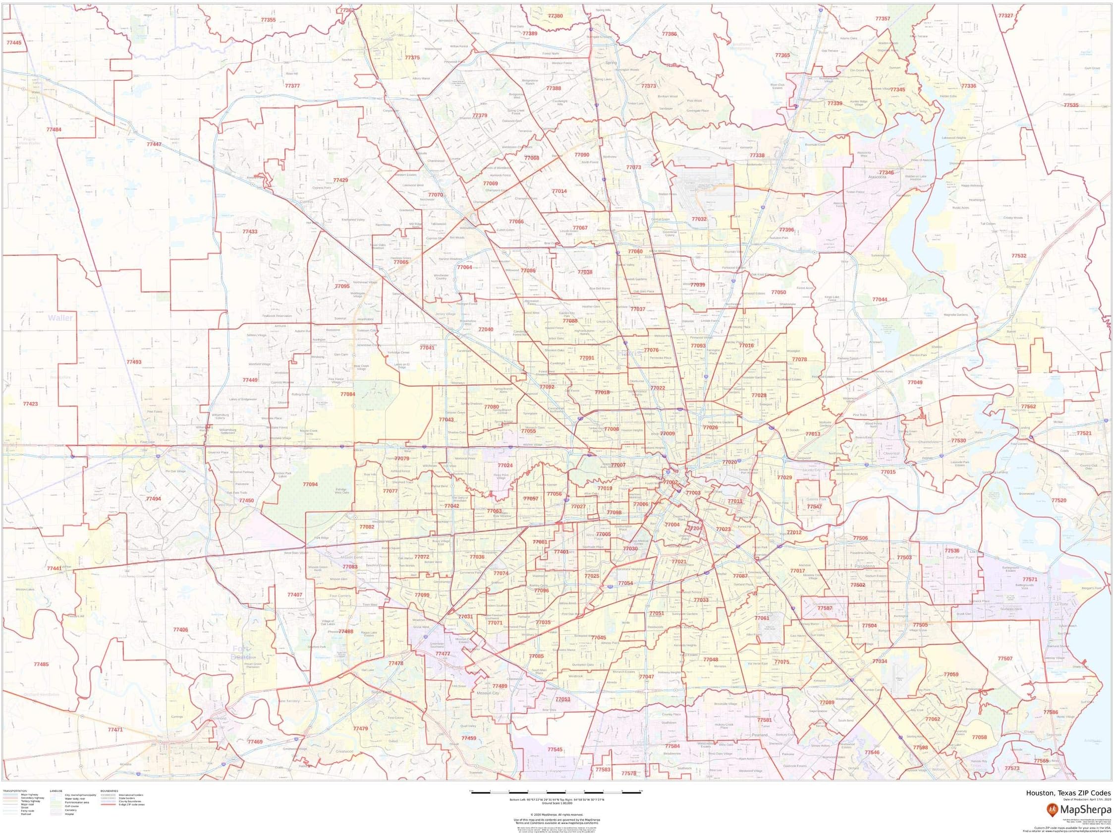 Houston, Texas Zip Codes - 48" x 36" Matte Plastic Wall Map