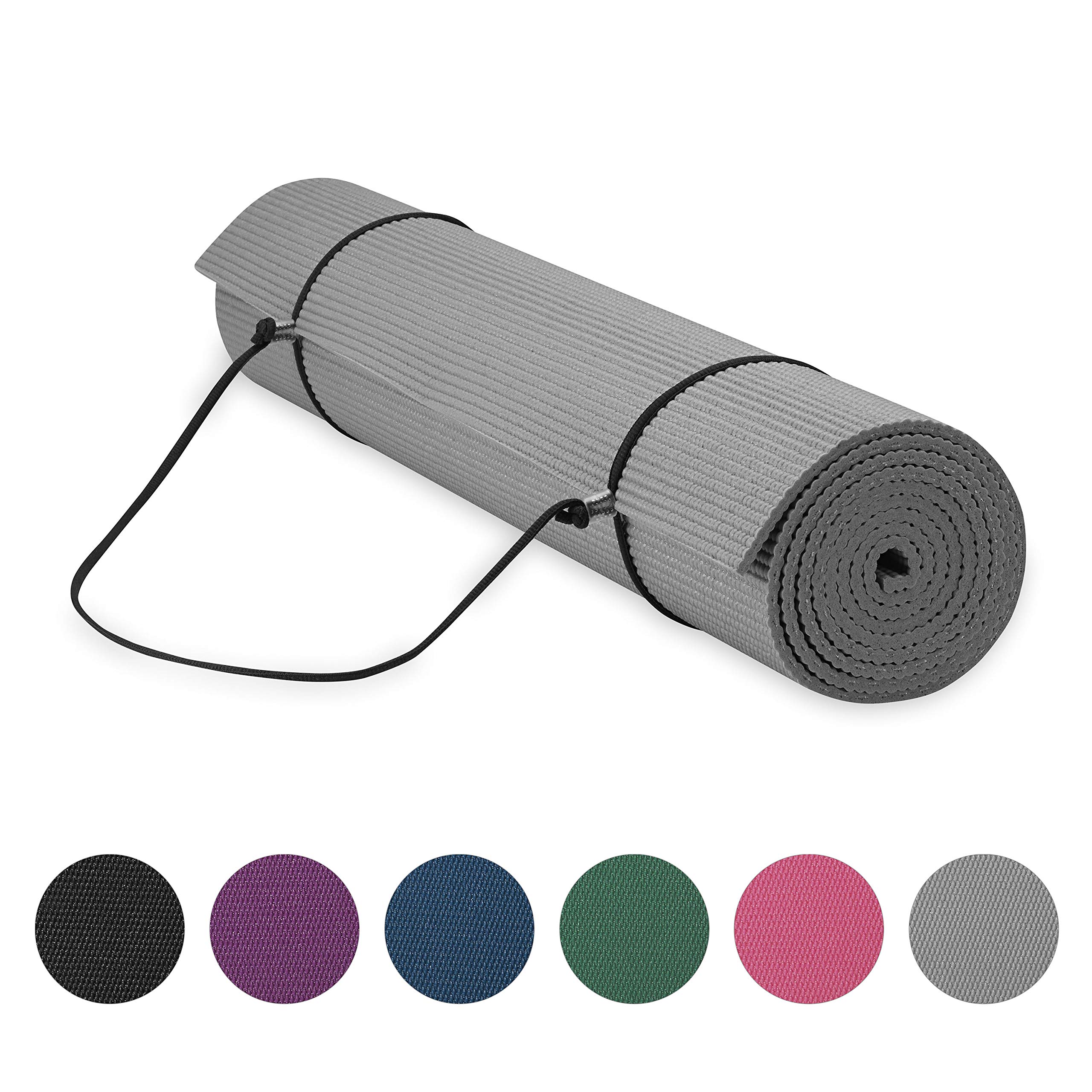 Gaiam Essentials Premium Yoga Mat with Yoga Mat Carrier Sling, Grey, 72"L x 24"W x 1/4 Inch Thick