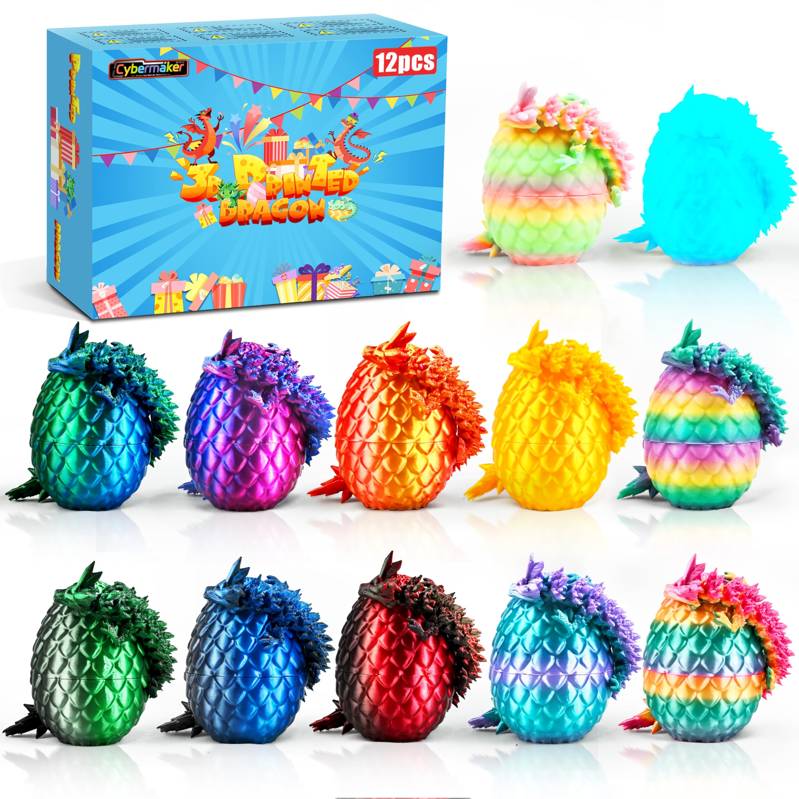Cybermaker 12pcs Prefilled Easter Eggs with 3D Printed Dragon Inside, Magic Toy for Party Favors, Basket Stuffers for Boys & Girls, Easter Egg Hunt, Goodie Bag Fillers, Classroom Prize Supplies