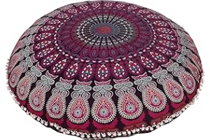 Shubhlaxmifashion Large 32" Round Pillow Cover, Decorative Mandala Pillow Sham, Indian Bohemian Ottoman Poufs, Pom Pom Pillow Cases, Outdoor Cushion Cover,