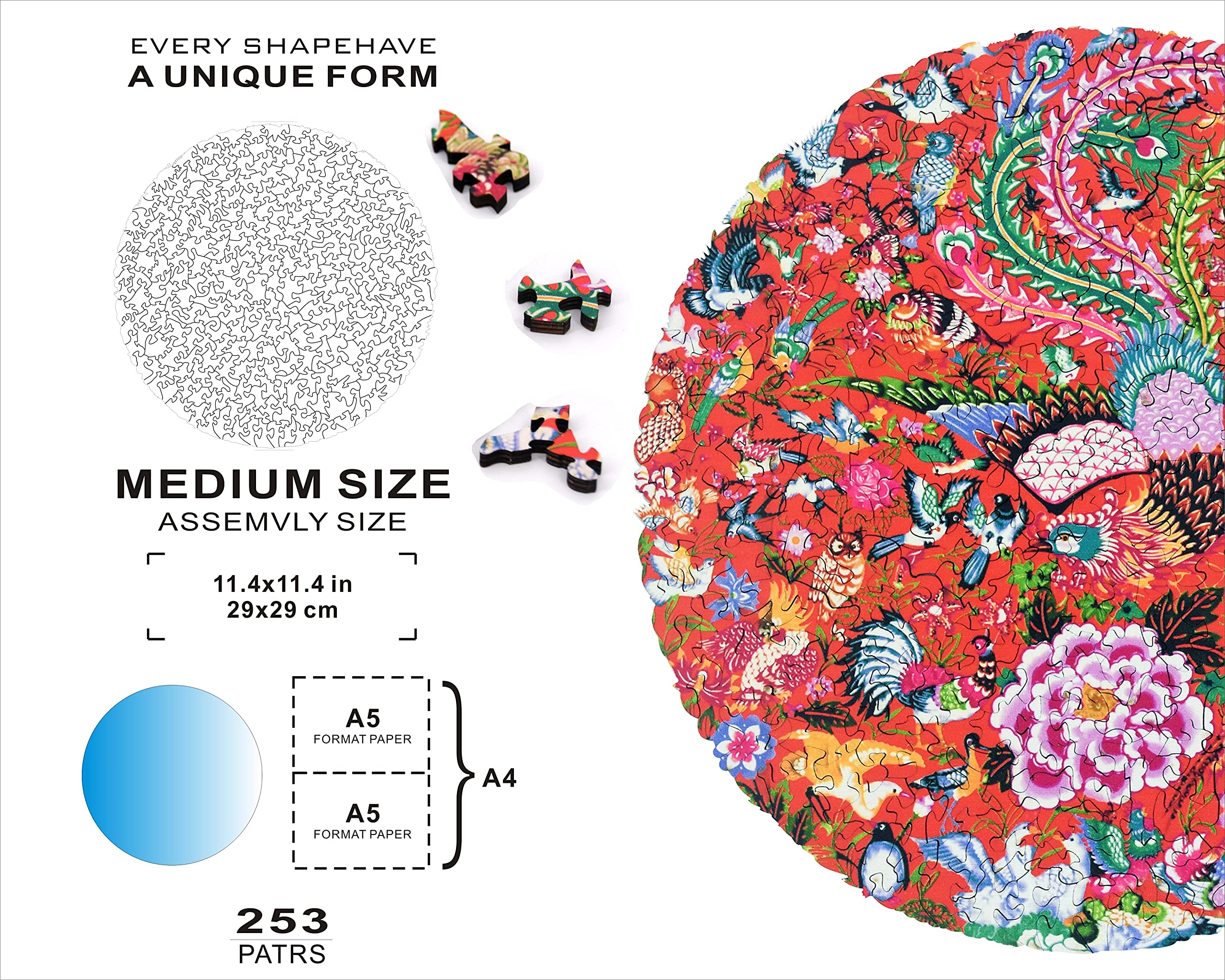 HARTMAZE Wooden Jigsaw Puzzles-Hundred Birds Paying Homage to The Phoenix 253 Truly Unique Piece Round Shape Best Choice for Adults and 10 Ages up Kids.