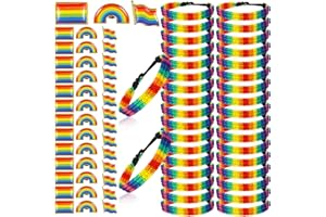 Karenhi 96 Pcs LGBT Pride Bracelet and LGBTQ Flag Lapel Pins Set, Adjustable Rainbow Bracelets Handmade Rainbow String Wristband Bracelet Stripe Rainbow Pin for Gay Lesbian Accessories
