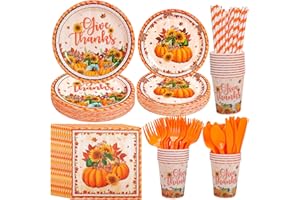HOWAF Thanksgiving Tableware Set,Give Thanks Party Supplies Dinnerware Set-Paper Plates,Cup,Napkins,Knife,Fork and Straw,Pumpkin Sunflower Fall Dinnerware for 20 Guests
