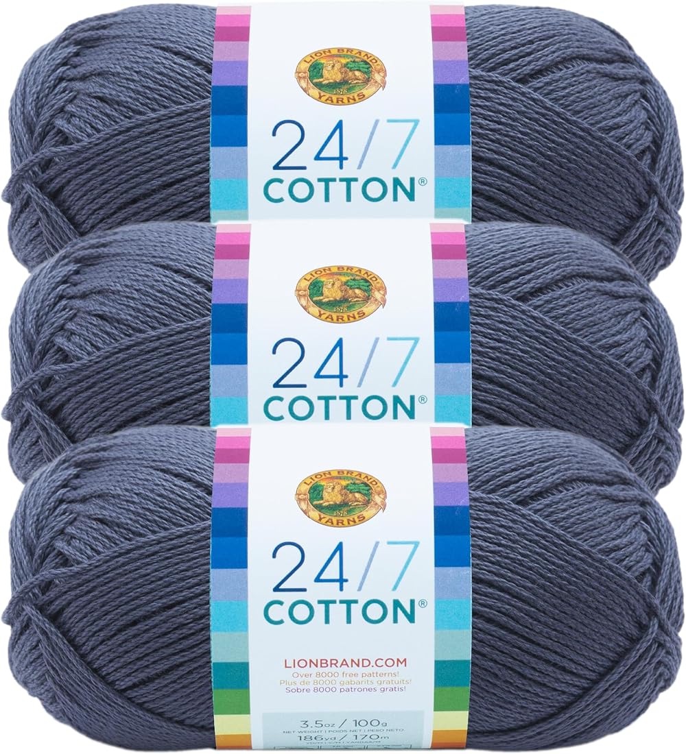 Lion Brand 24/7 Cotton Yarn Denim 3 Pack 100% Mercerized Cotton 185 yd
