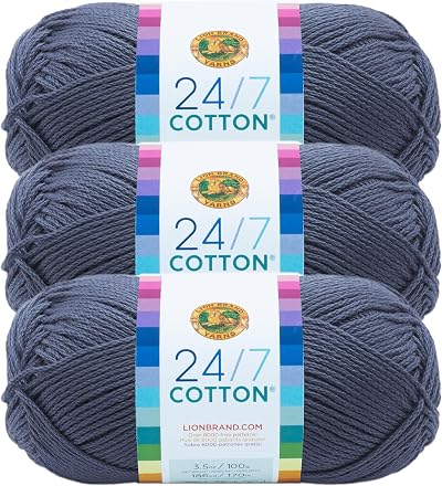 Lion Brand 24/7 Cotton Yarn Denim 3 Pack 100% Mercerized Cotton 185 yd