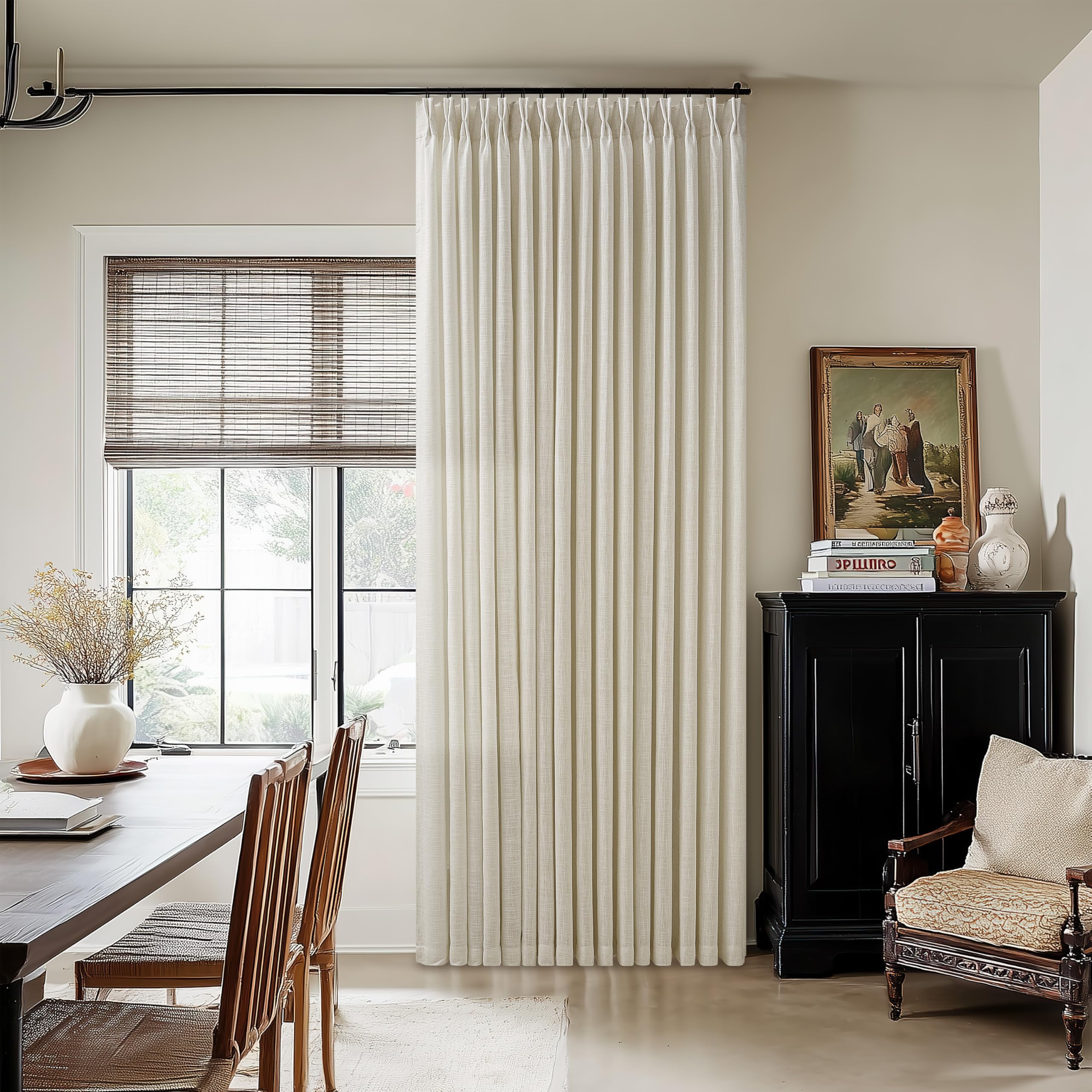 Photo 1 of Extra Wide 70 Inch Width Pinch Pleated Curtains 90 Inch Length for Living Room Thick Linen Boho Curtain Memory Shape Light Filtering Privacy for Bedroom Large Windows Hooks Rings Beige 1 Panel 70x90