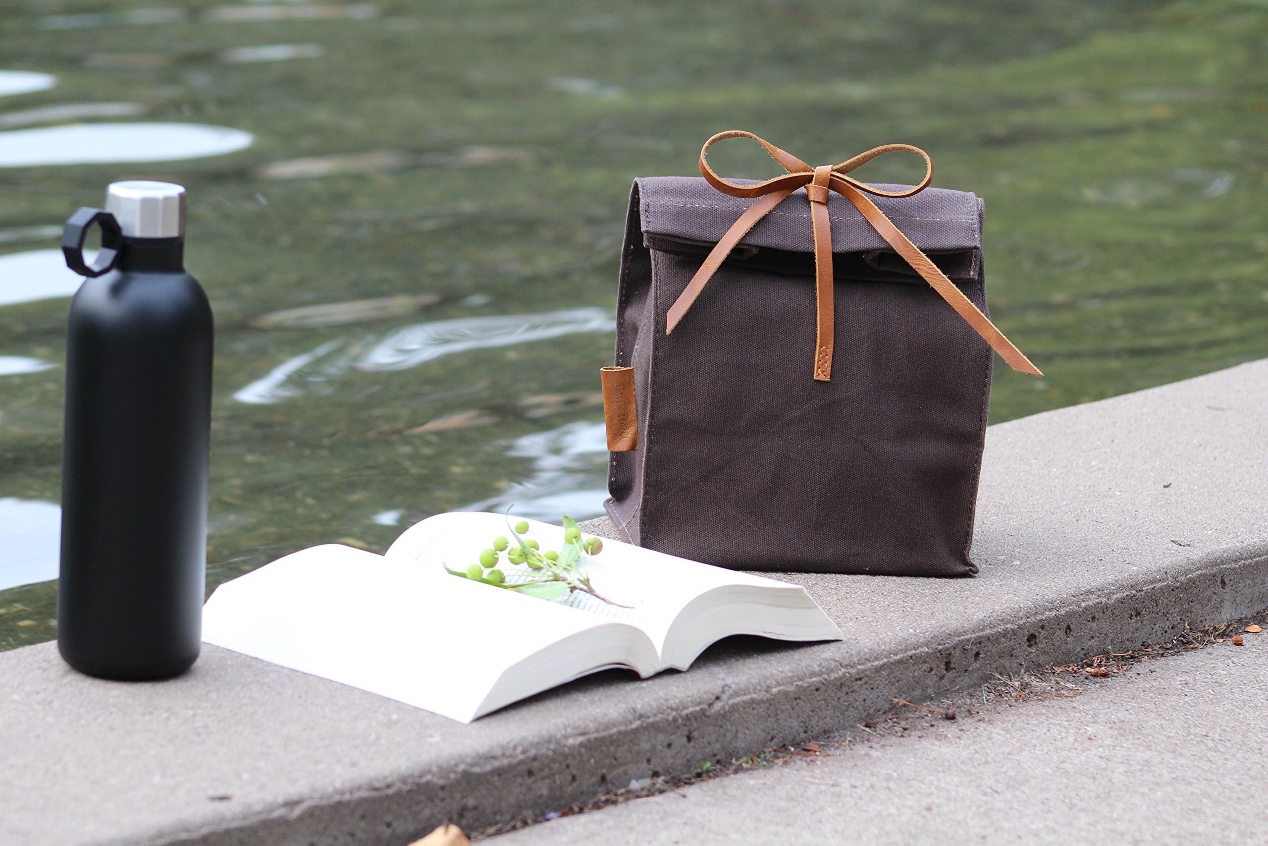 Waxed Canvas Lunch Bag, Handmade,Real Leather, , Lunch Tote, Classic Paper Bag Style, Assorted colors, Eco-friendly Cotton, Reusable, Durable, Waterproof, Lunch Bag, Lunch Box, Picnic,
