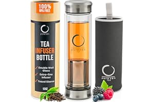 Pure Zen Tea Tumbler with Infuser - Double Wall Glass Travel Mug with Stainless Steel Filter - Leakproof Tea Infuser Bottle for Loose Leaf Infusions and Fruit Infused Water - Unique Gift Set - 13 oz