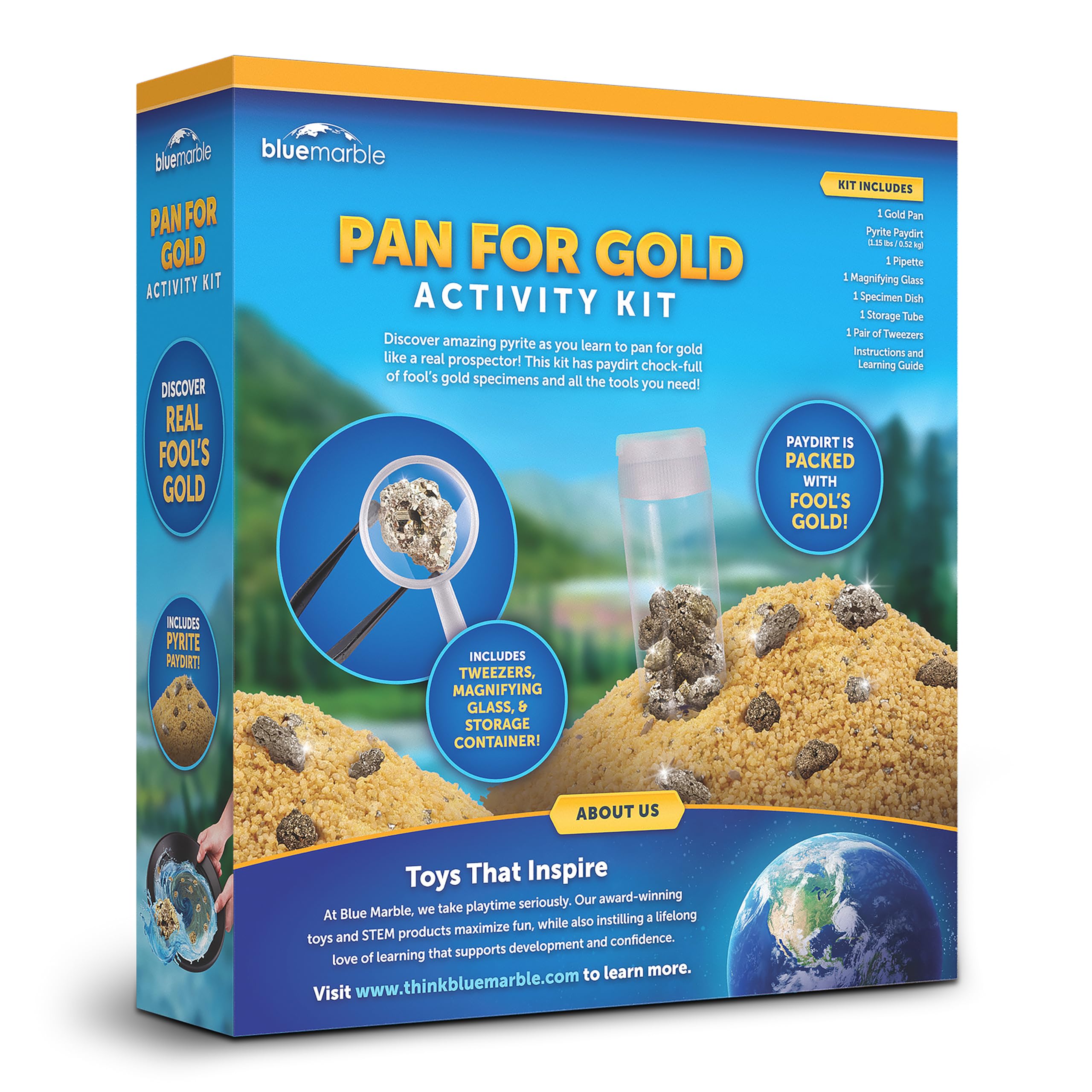 Blue Marble Gold Panning Kit for Kids - Learn to Pan for Gold, Includes Pay Dirt with Real Pyrite Specimens, Reusable Panning Pan, Vial, Tweezers & More