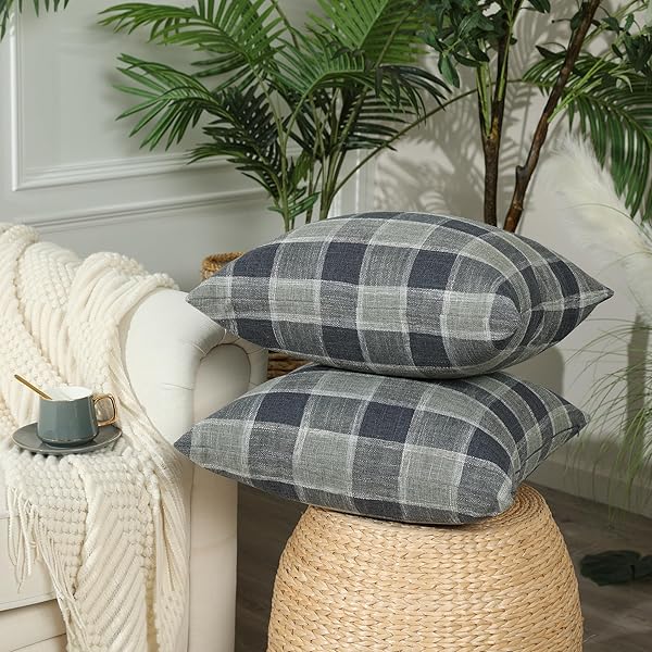 STELLHOME PACK OF 2 LINEN BUFFALO CHECK THROW PILLOW COVERS, FARMHOUSE PLAID DECORATIVE CUSHION COVERS FOR COUCH SOFA LIVING ROOM, 24X24 INCH, DARK GREY