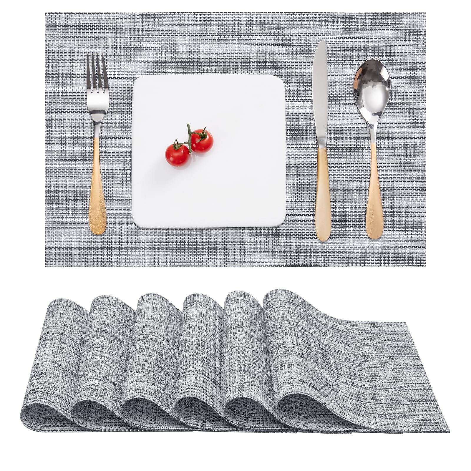 Myir JUN Table Mats Set of 6, Place Mats Table Placemats Washable Non-slip Heat Insulation Woven Vinyl for Kitchen Dinning Restaurant 17"X12" (Light Gray)