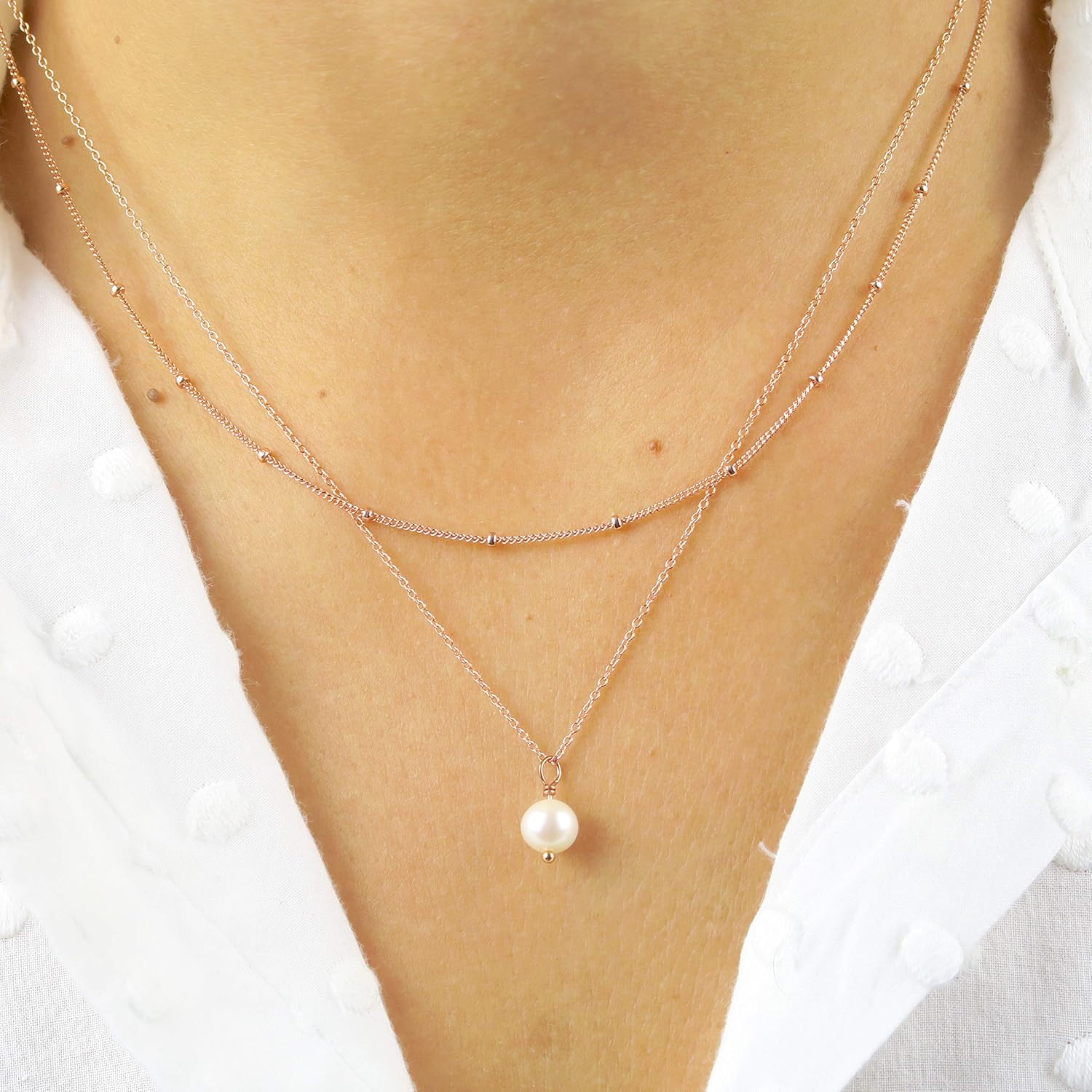 Pearl layered Necklace with a satellite chain, set of 2