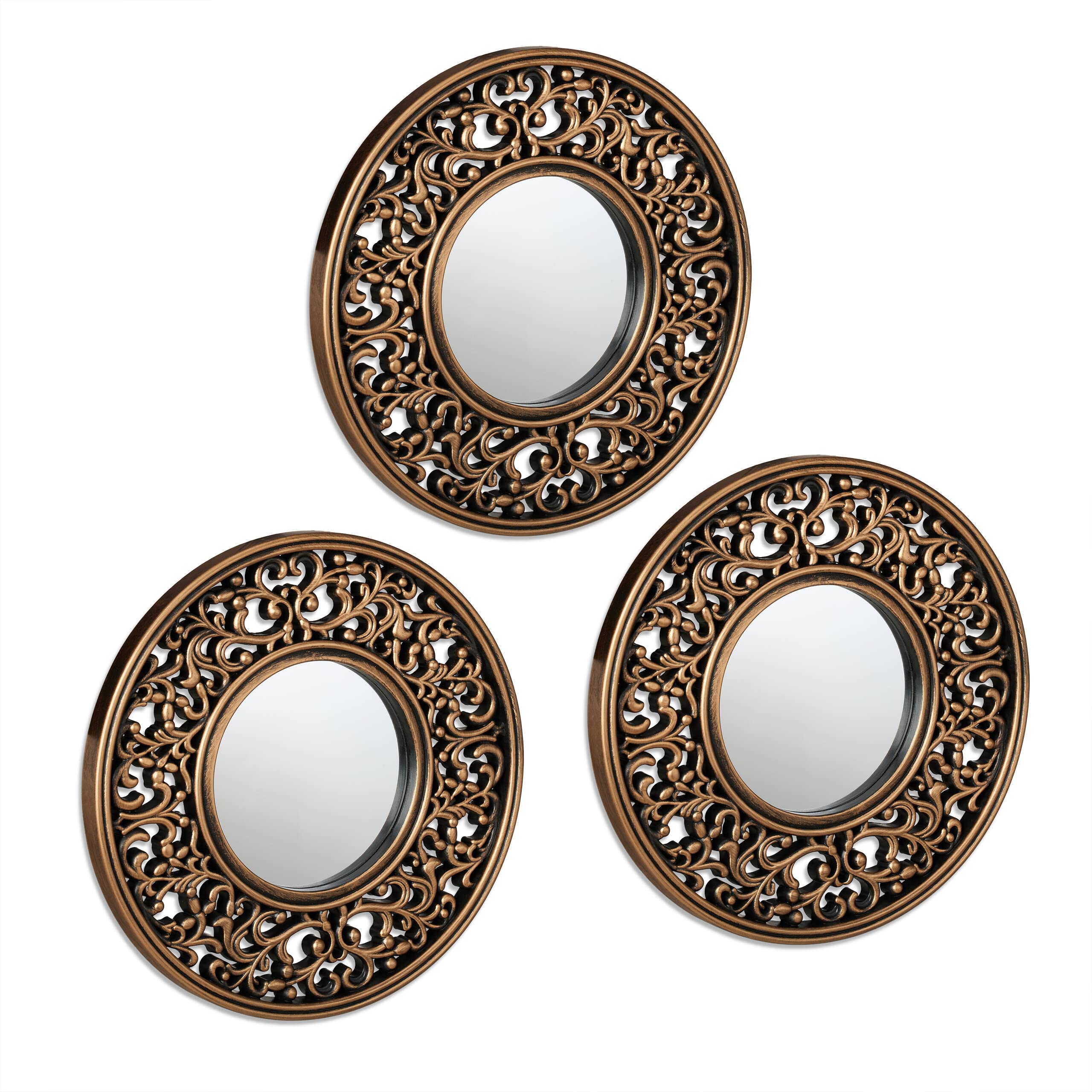 Relaxdays Set of 3 Mirrors, Ø 25 cm, Round, Wall Mounted, Plastic Frame, Vintage Style, Bedroom & Hallway, Gold/Black