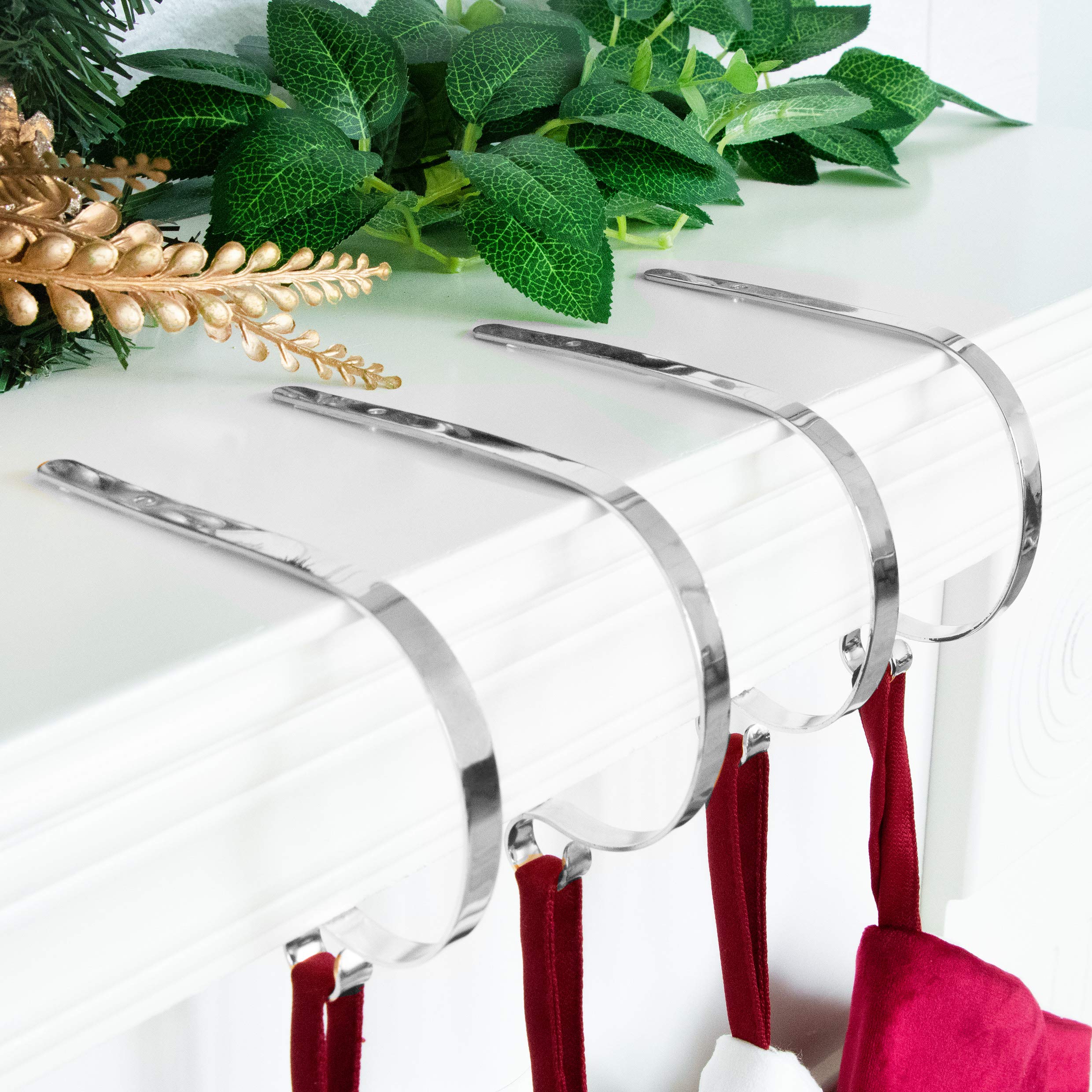 LUBOT Set of 4 Metal Christmas Stocking Holder Hooks Fireplace Hanger with Non-Skid Design Silver