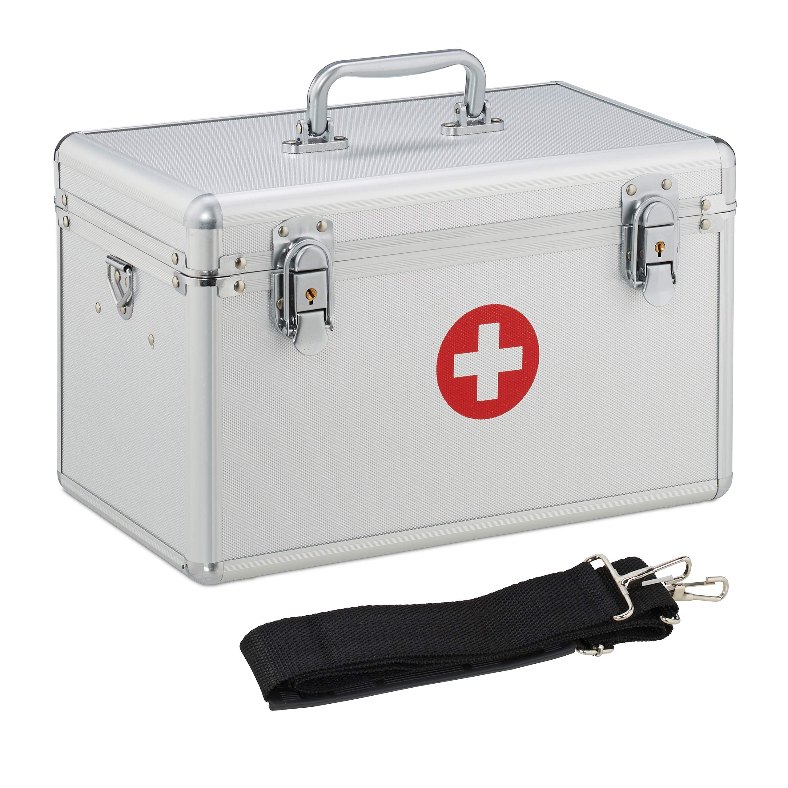 Relaxdays First Aid Case, Aluminium Medic Kit Case with Carry Strap; Empty; Emergency Box; HWD: 19x32x20 cm, Silver