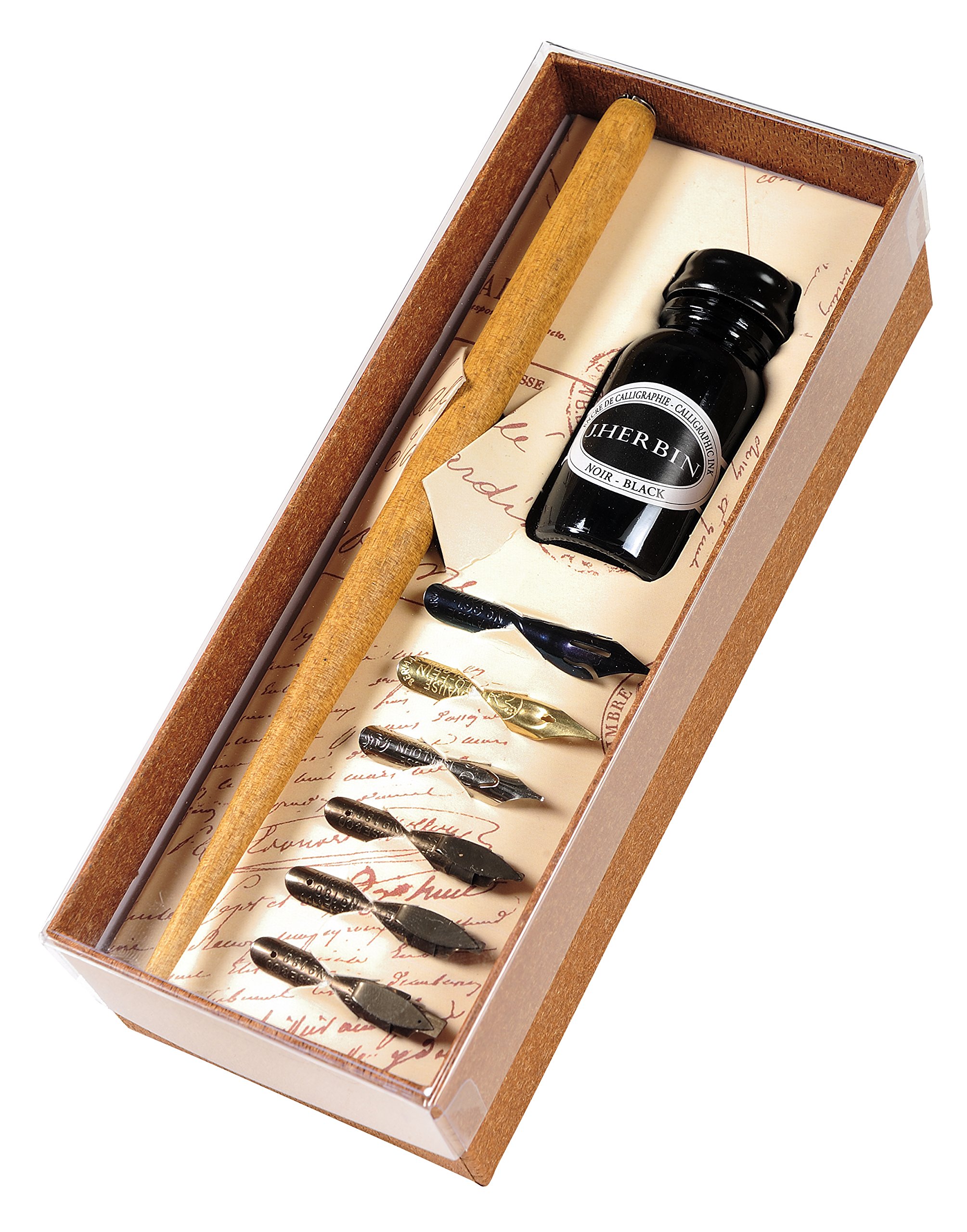 Brause 195B - A calligraphy set containing 6 nibs (Sténo, Cito fein, Pfannen and Bandzug), a wooden penholder and a bottle of Jacques Herbin 15 ml black ink.