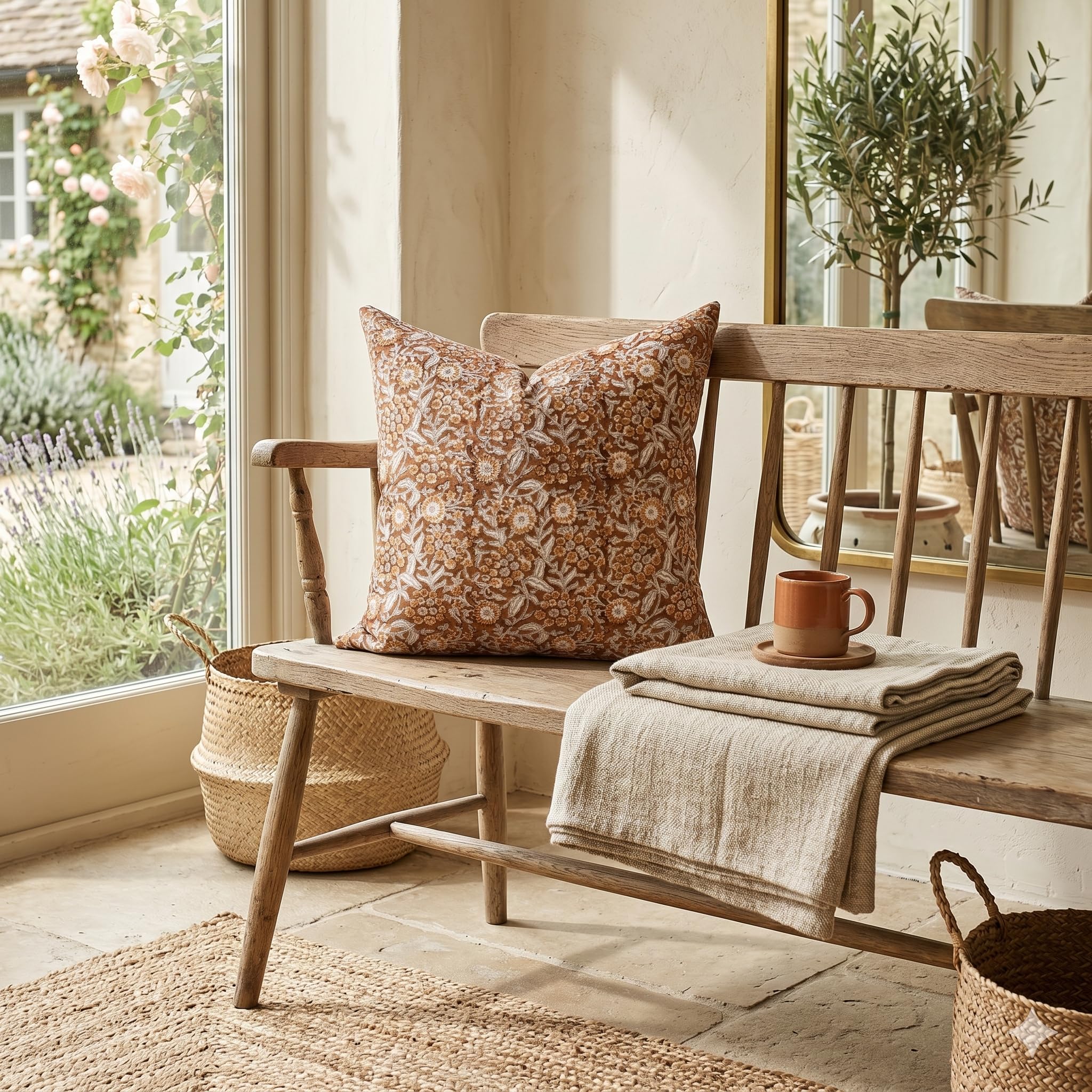 THE Unltd India Brown Floral Cushion Cover | 55x55 cm (22x22 inch) Square Throw Pillow Case | Hand Block Printed Duck Canvas | Vintage Summer Farmhouse Decor for Sofa & Bed- 1 Piece